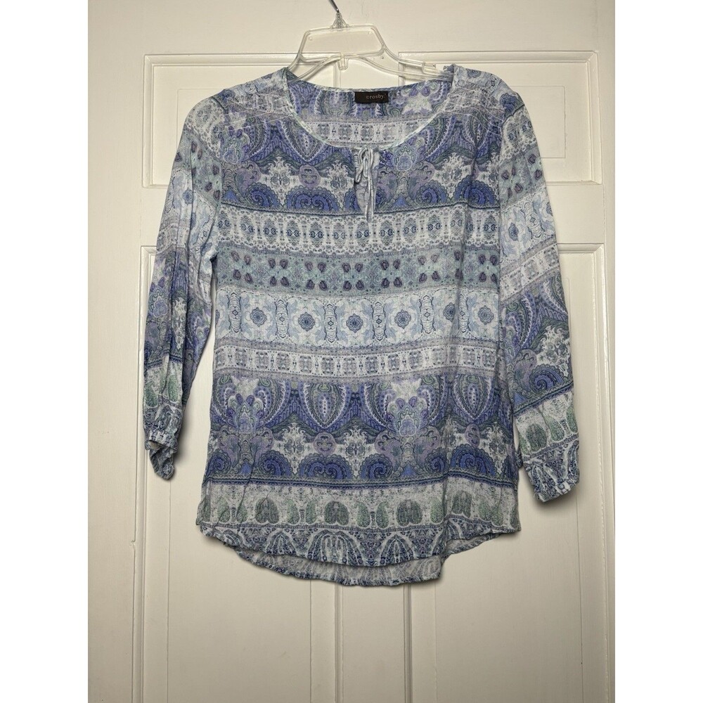 Crosby Women Blue White Tunic Top Blouse L Boho Casual Breezy Coastal Relaxed